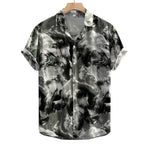 Camisa Vinser Brisa Costeira masculina com estampa abstrata em tons de preto, cinza e branco, tecido leve e caimento premium, vista frontal.