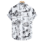 Camisa masculina Vinser Campeche branca manga curta com estampa náutica de barcos e coqueiros vista traseira