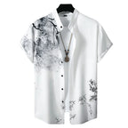 Camisa masculina Vinser Ipanema branca manga curta com estampa artística em preto vista frontal