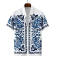 Camisa masculina Vinser Itacaré branca manga curta com estampa floral azul vista frontal