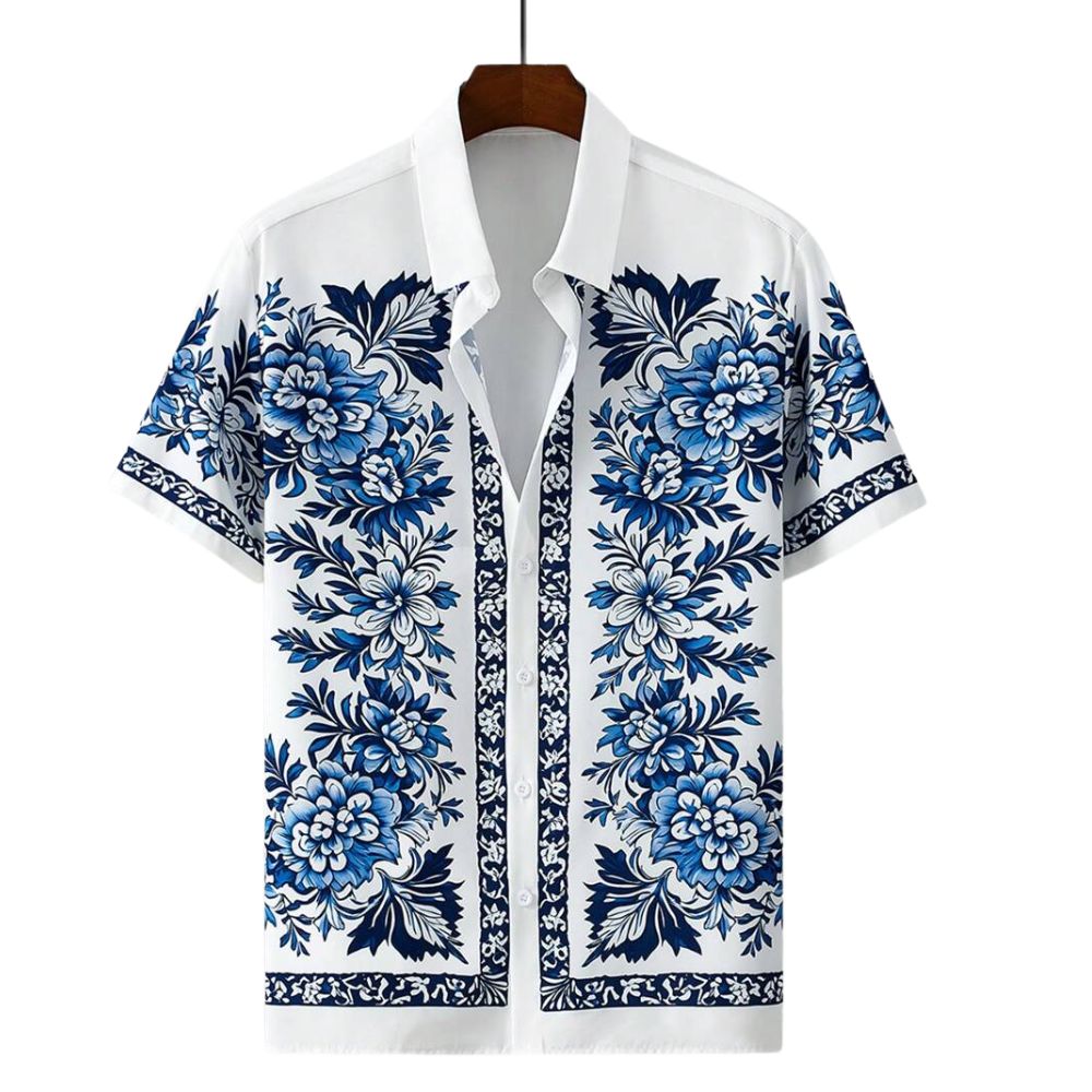 Camisa masculina Vinser Itacaré branca manga curta com estampa floral azul vista frontal