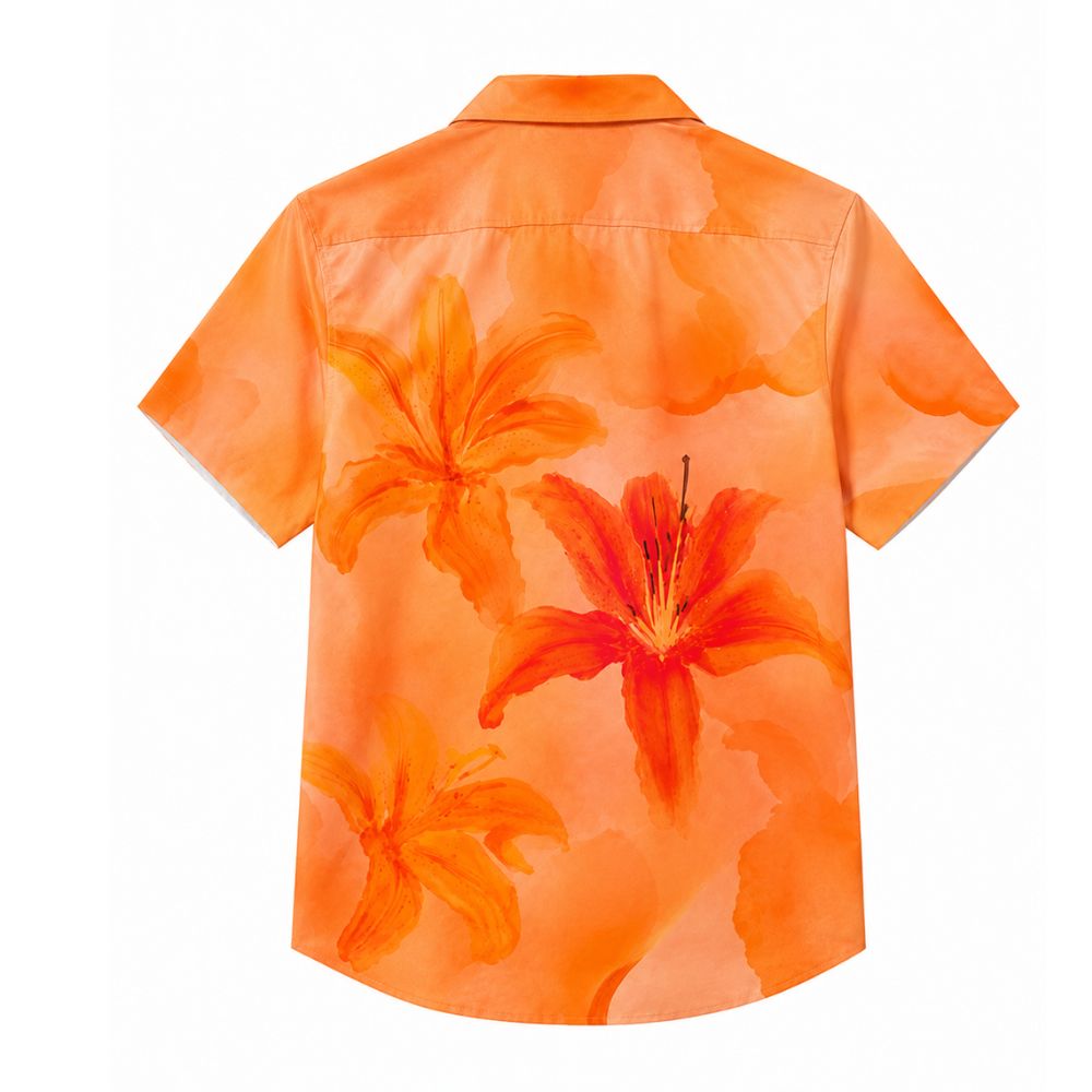 Camisa Vinser Cassis masculina estampada floral em tons de laranja vista de costas