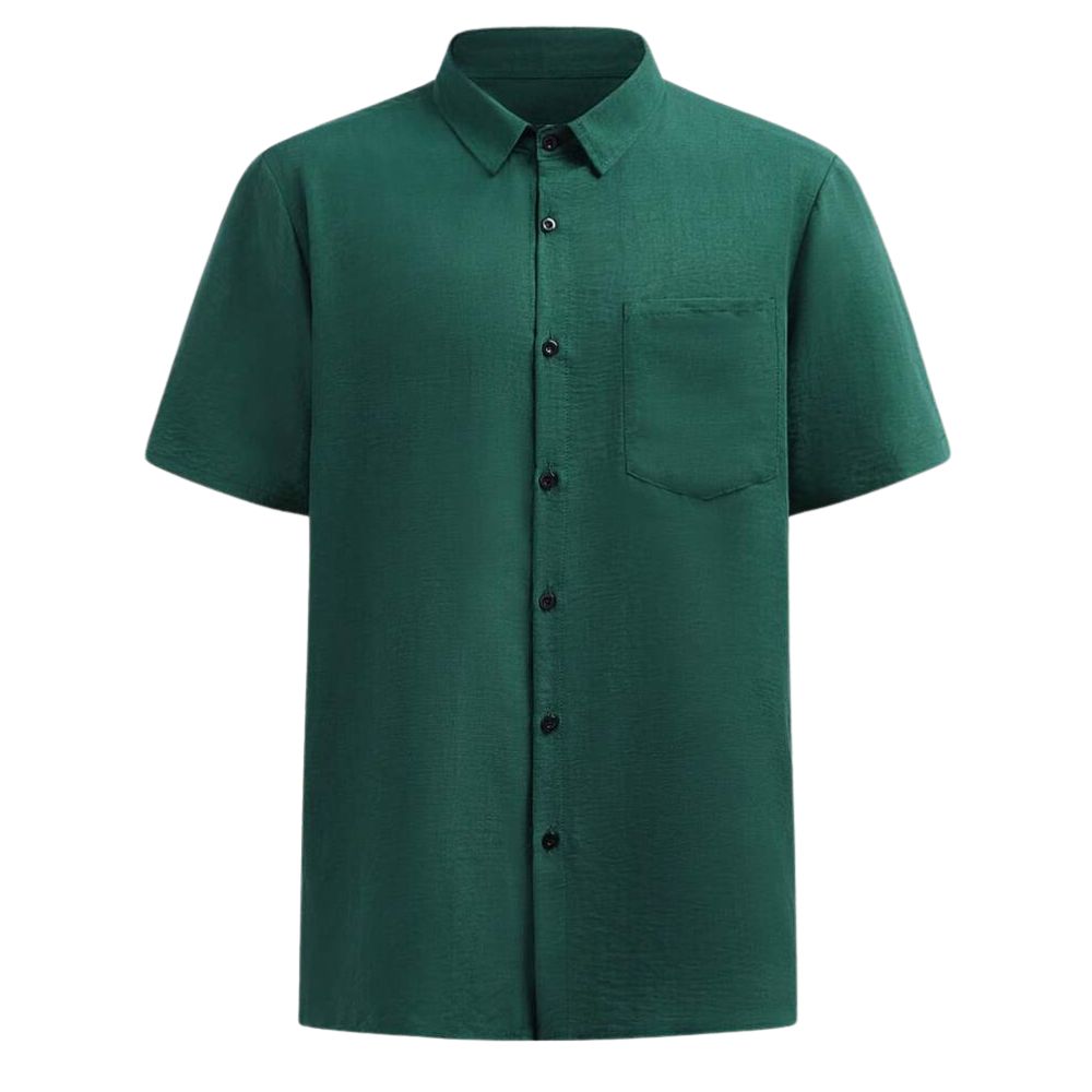 Vista frontal da Camisa Vinser Jade em verde-esmeralda, manga curta, gola tradicional, bolso frontal e caimento leve, confeccionada em tecido confortável, ideal para um visual elegante, versátil e sofisticado.