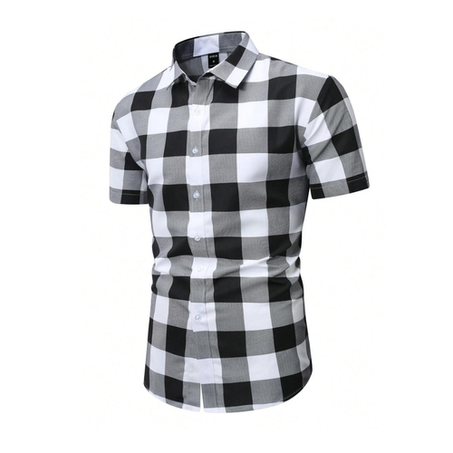 Camisa Vinser Alagoas masculina xadrez preta e branca em ângulo frontal