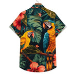 Camisa masculina Vinser Alter do Chão vista de costas, com estampa tropical de araras, folhagens e flores.