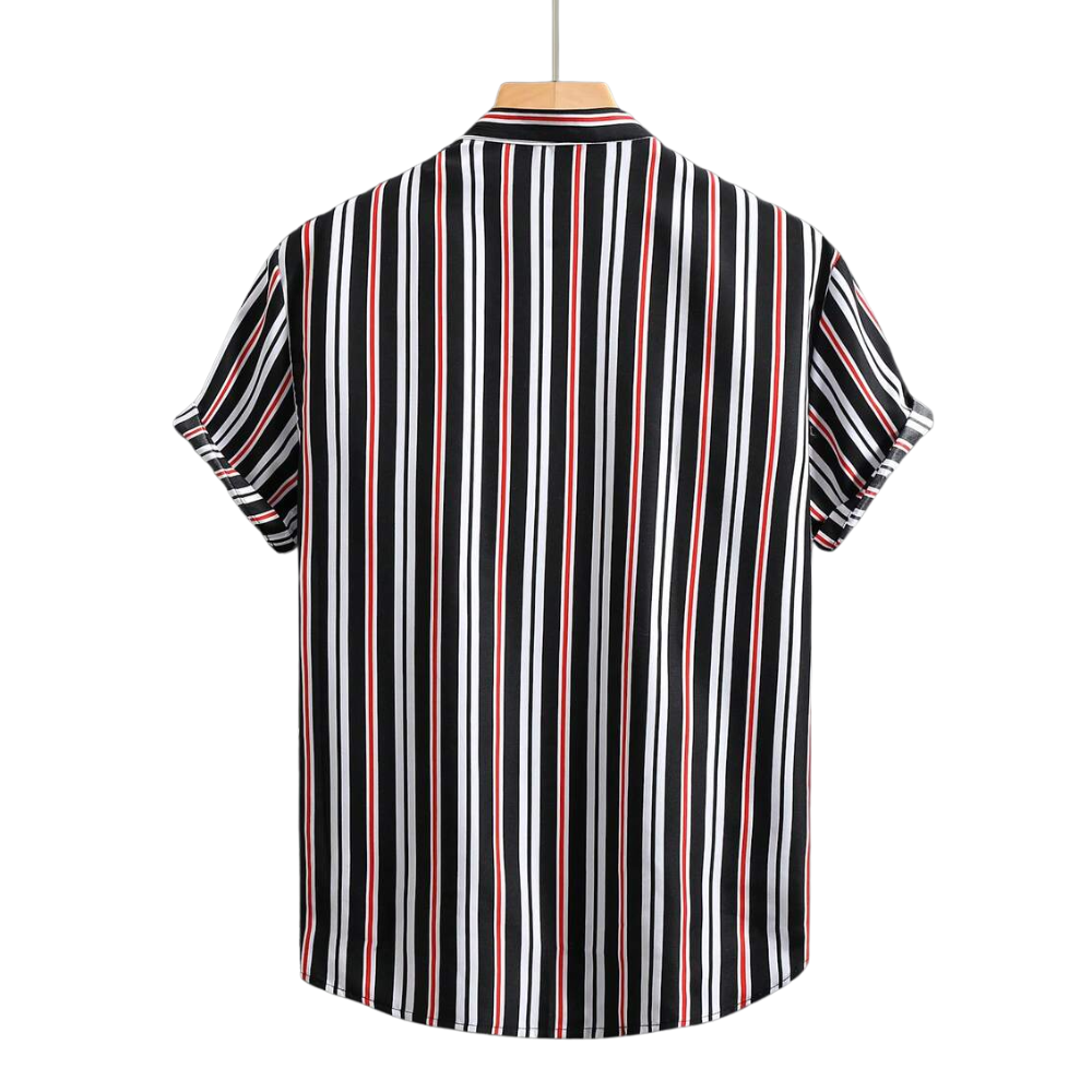 Camisa Vinser Aracaju masculina listrada preta, branca e vermelha vista de costas