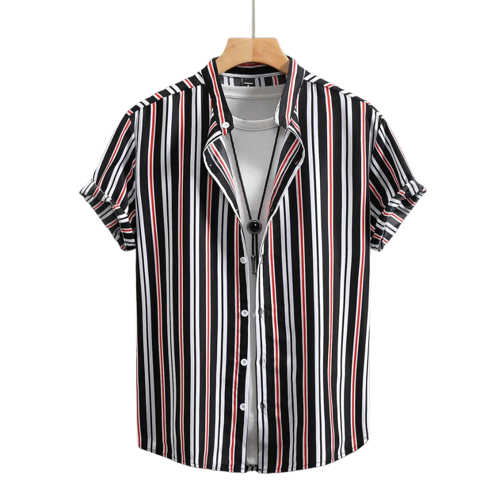 Camisa Vinser Aracaju masculina listrada preta, branca e vermelha