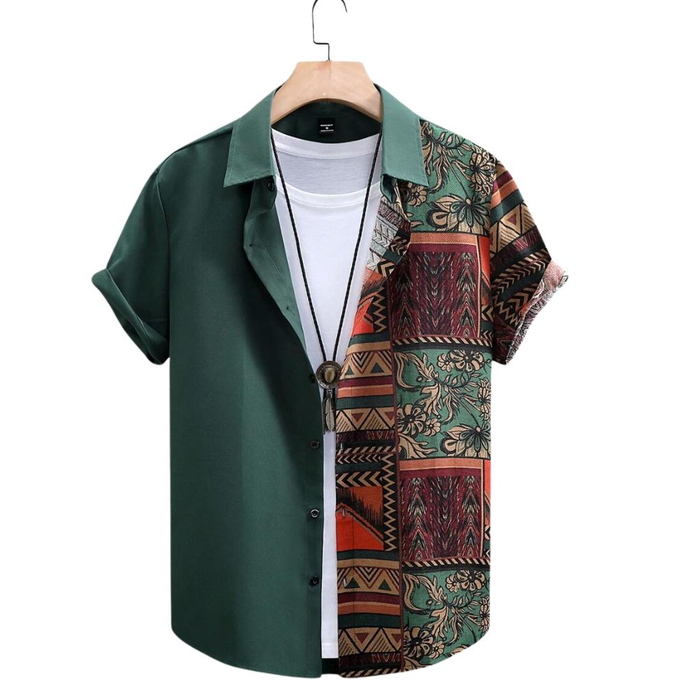 Camisa masculina Vinser Armação verde-escura com estampa geométrica e floral em uma das laterais frontais.