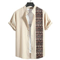 Vista frontal da Camisa Vinser Atacama em tom bege com detalhe lateral em estampa geométrica étnica, manga curta, gola padre e caimento leve, ideal para um visual moderno, elegante e confortável.
