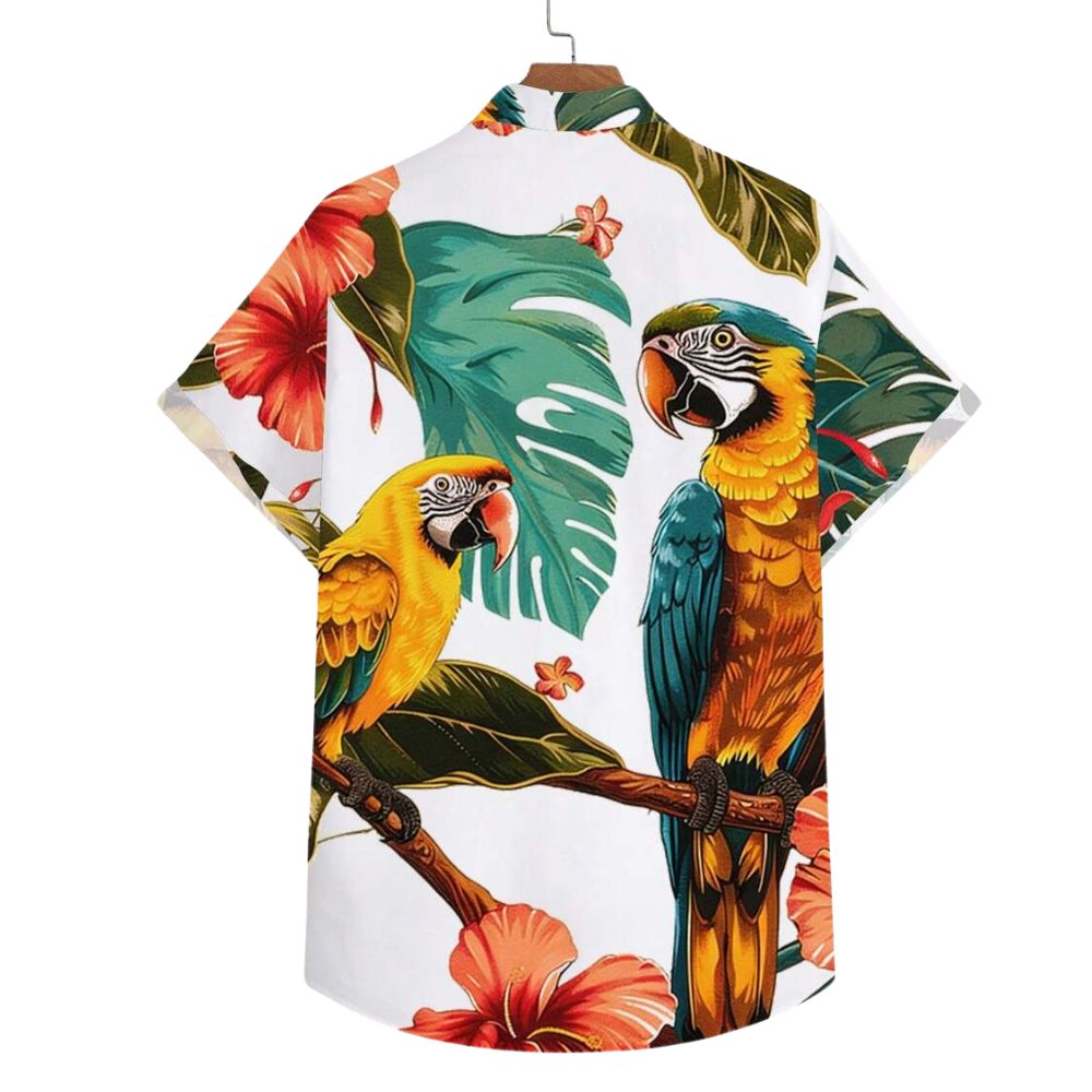 Camisa masculina Vinser Atins branca vista de costas, com estampa tropical de araras, folhas e flores.