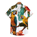 Camisa masculina Vinser Atins branca com estampa tropical de araras, folhagens e flores.