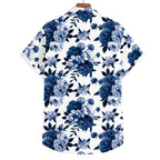 Vista traseira da Camisa Vinser Azul Imperial, com estampa floral em tons de azul sobre fundo branco, manga curta, tecido leve e acabamento premium.