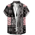 Vista frontal da Camisa Vinser Bandol com estampa patchwork bandana em preto, branco e rosa, manga curta, gola tradicional e caimento leve, ideal para um visual moderno, marcante e confortável.