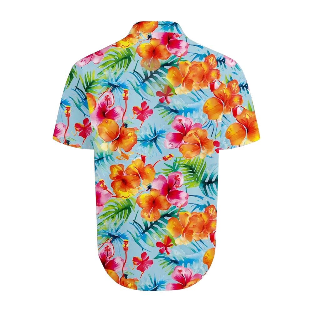 Camisa masculina Vinser Bora Bora vista de costas, com estampa floral tropical colorida em tons de azul, rosa, laranja e verde.
