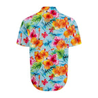 Camisa masculina Vinser Bora Bora vista de costas, com estampa floral tropical colorida em tons de azul, rosa, laranja e verde.