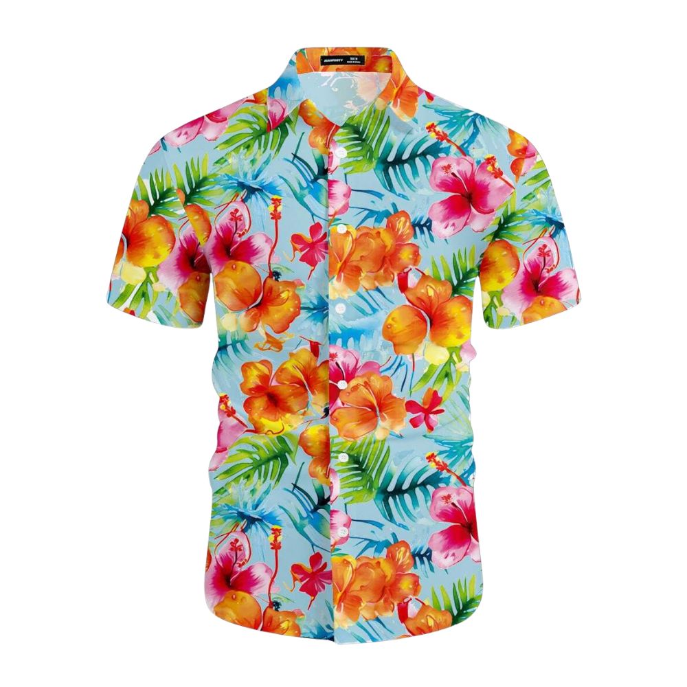 Camisa masculina Vinser Bora Bora com estampa floral tropical colorida em tons de azul, rosa, laranja e verde.