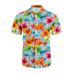 Camisa masculina Vinser Bora Bora com estampa floral tropical colorida em tons de azul, rosa, laranja e verde.