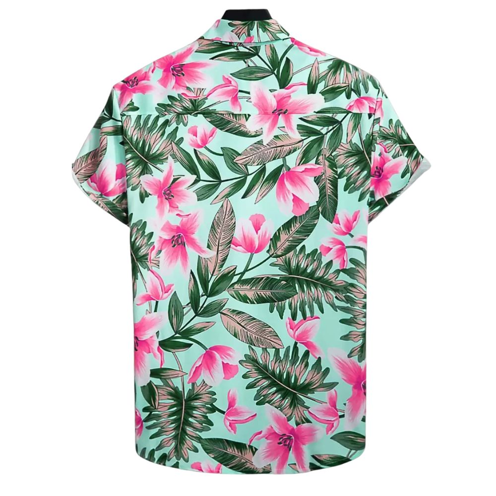 Vista traseira da Camisa Vinser Brisa Rosa masculina, de manga curta, com estampa floral tropical em tons de rosa, verde e branco sobre fundo verde-claro.