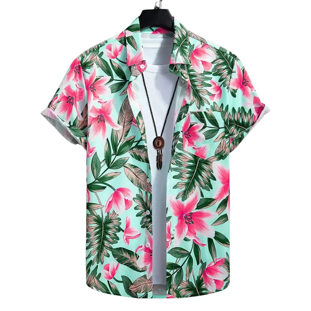 Vista frontal da Camisa Vinser Brisa Rosa masculina, de manga curta, com colarinho, botões frontais e estampa floral tropical em tons de rosa, verde e branco.