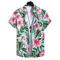 Vista frontal da Camisa Vinser Brisa Rosa masculina, de manga curta, com colarinho, botões frontais e estampa floral tropical em tons de rosa, verde e branco.