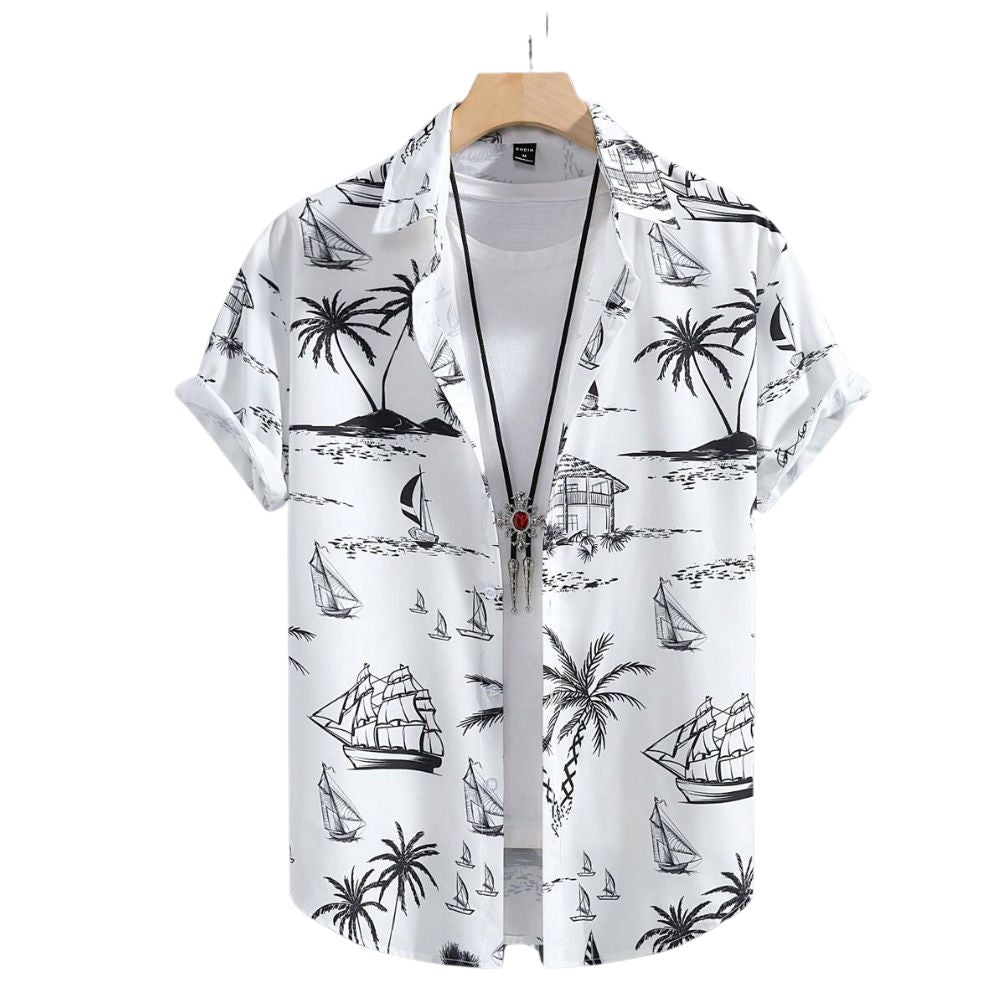 Camisa masculina Vinser Campeche branca manga curta com estampa náutica e coqueiros vista frontal