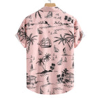 Camisa masculina Vinser Campeche Rosa vista traseira, com estampa tropical de palmeiras, veleiros e paisagens praianas em preto sobre fundo rosa, modelagem de manga curta, gola cubana e caimento leve.