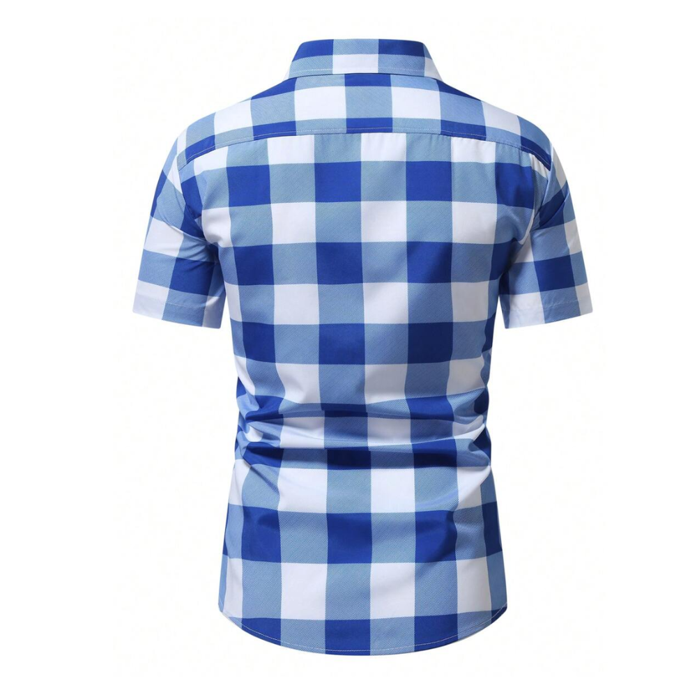 Parte traseira da Camisa Vinser Campos do Jordão masculina com estampa xadrez azul e branca