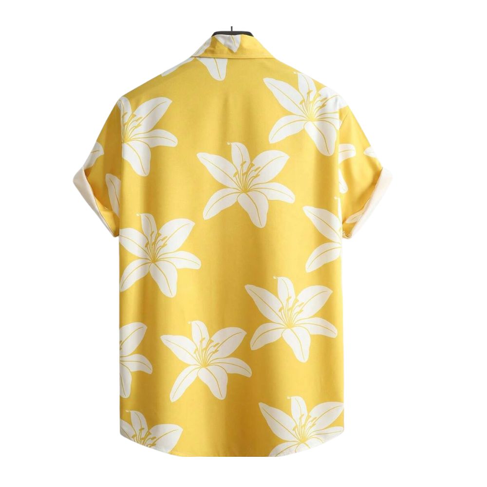 Camisa Vinser Cannes masculina amarela com estampa floral branca – costas