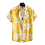 Camisa Vinser Cannes masculina amarela com estampa floral branca e manga curta
