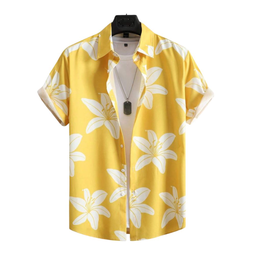 Camisa Vinser Cannes masculina amarela com estampa floral branca e manga curta