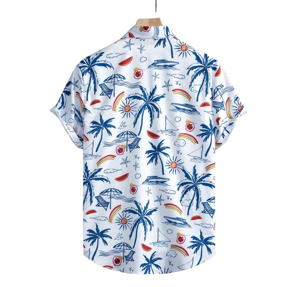 Camisa masculina Vinser Canoa branca com estampa tropical azul vista pelas costas.
