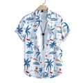 Camisa masculina Vinser Canoa branca com estampa tropical azul de coqueiros, barcos, gaivotas e elementos praianos.