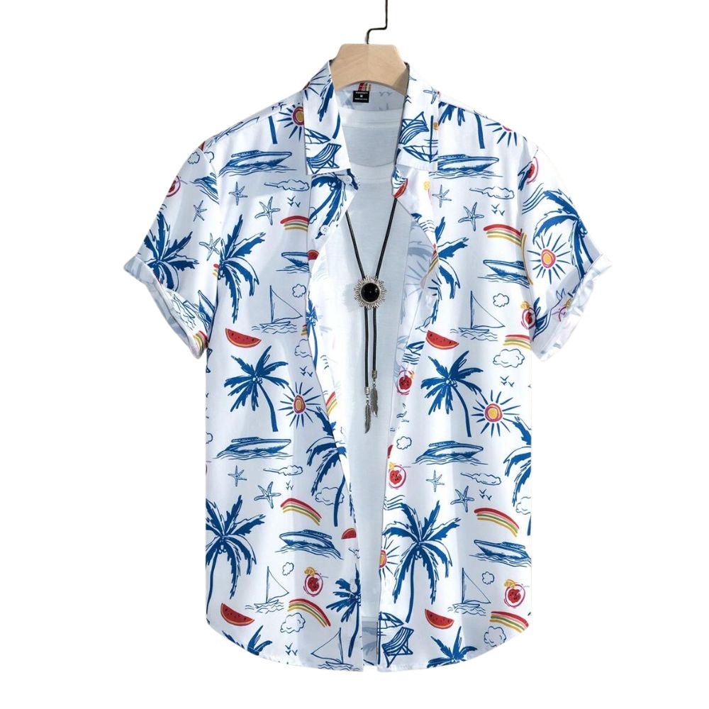 Camisa masculina Vinser Canoa branca com estampa tropical azul de coqueiros, barcos, gaivotas e elementos praianos.