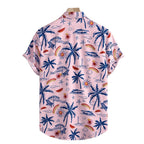 Camisa masculina Vinser Canoa rosa com estampa tropical de coqueiros, barcos e elementos de praia vista de costas.