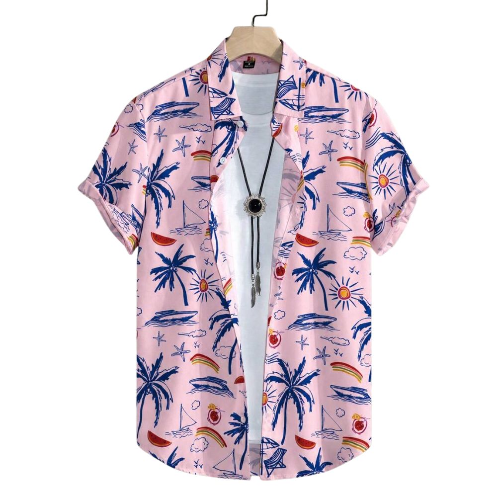 Camisa masculina Vinser Canoa rosa com estampa tropical de coqueiros, barcos e elementos de praia.
