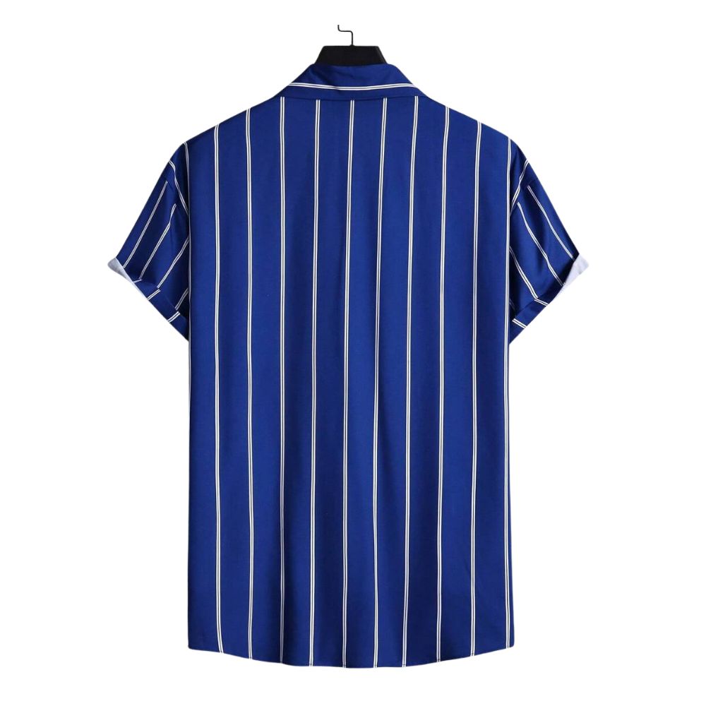 Costas da Camisa Vinser Capri masculina azul com listras verticais brancas e manga curta