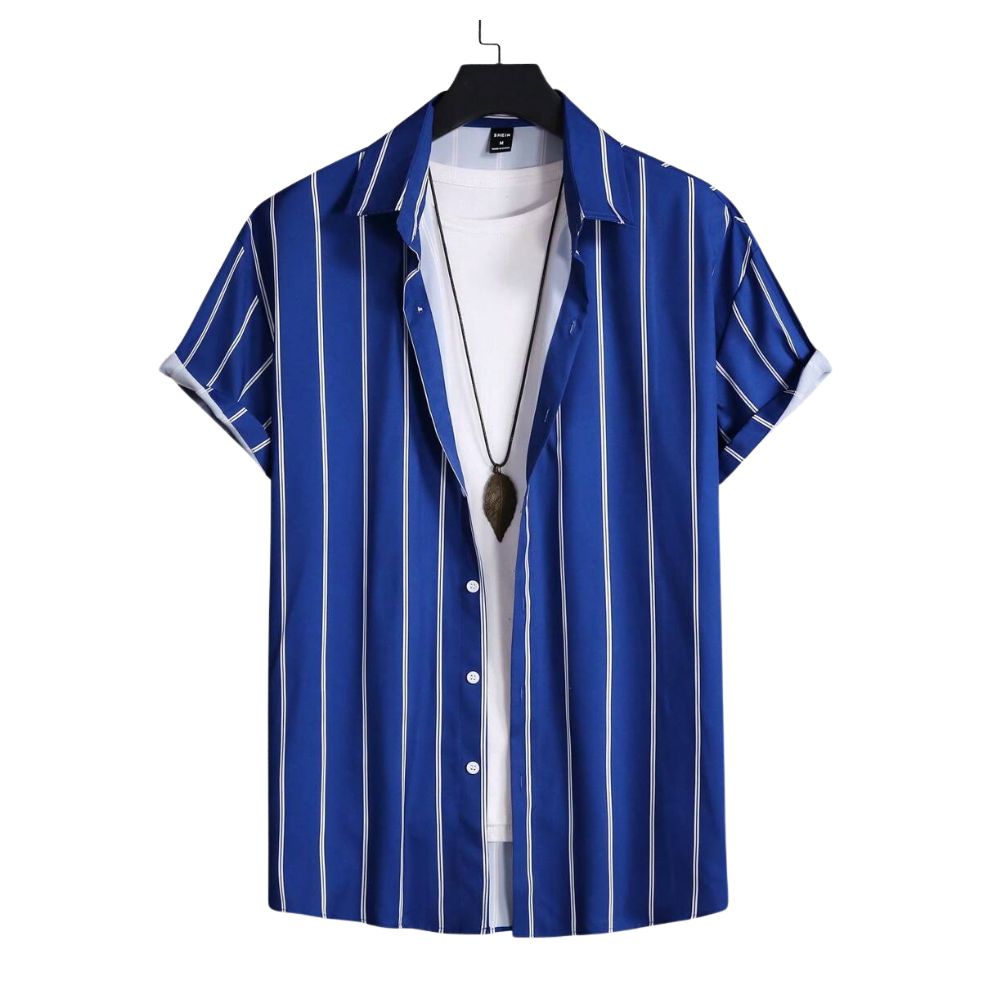 Camisa Vinser Capri masculina azul com listras verticais brancas e modelagem de manga curta