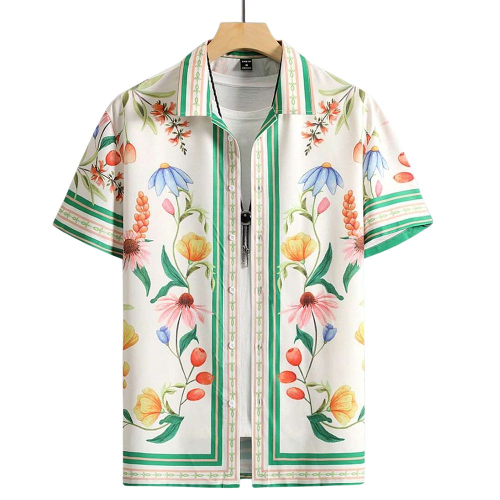 Camisa masculina Vinser Copacabana branca com estampa floral colorida, manga curta e acabamento premium