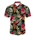 Camisa masculina Vinser Coqueiros preta com estampa tropical de folhas verdes e flores vermelhas, manga curta e gola tradicional