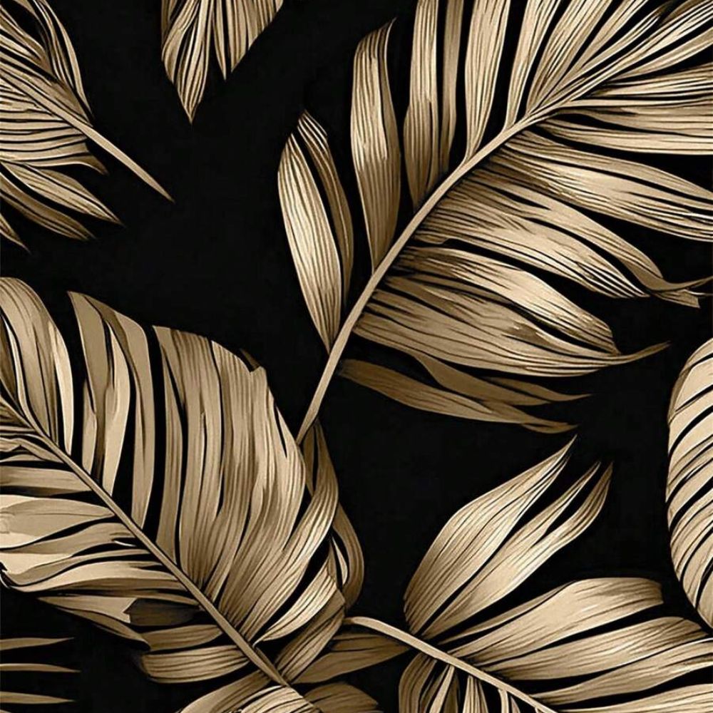 Close da estampa tropical da Camisa Vinser Costa Dourada, com folhas em tons dourados sobre fundo preto, destacando a riqueza dos detalhes e o acabamento do tecido.
