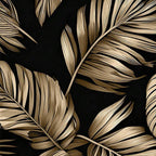 Close da estampa tropical da Camisa Vinser Costa Dourada, com folhas em tons dourados sobre fundo preto, destacando a riqueza dos detalhes e o acabamento do tecido.
