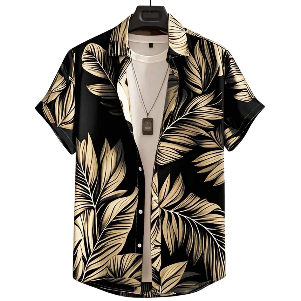 Vista frontal da Camisa Vinser Costa Dourada com estampa tropical de folhas em tons dourados sobre fundo preto, modelagem de manga curta e caimento leve.
