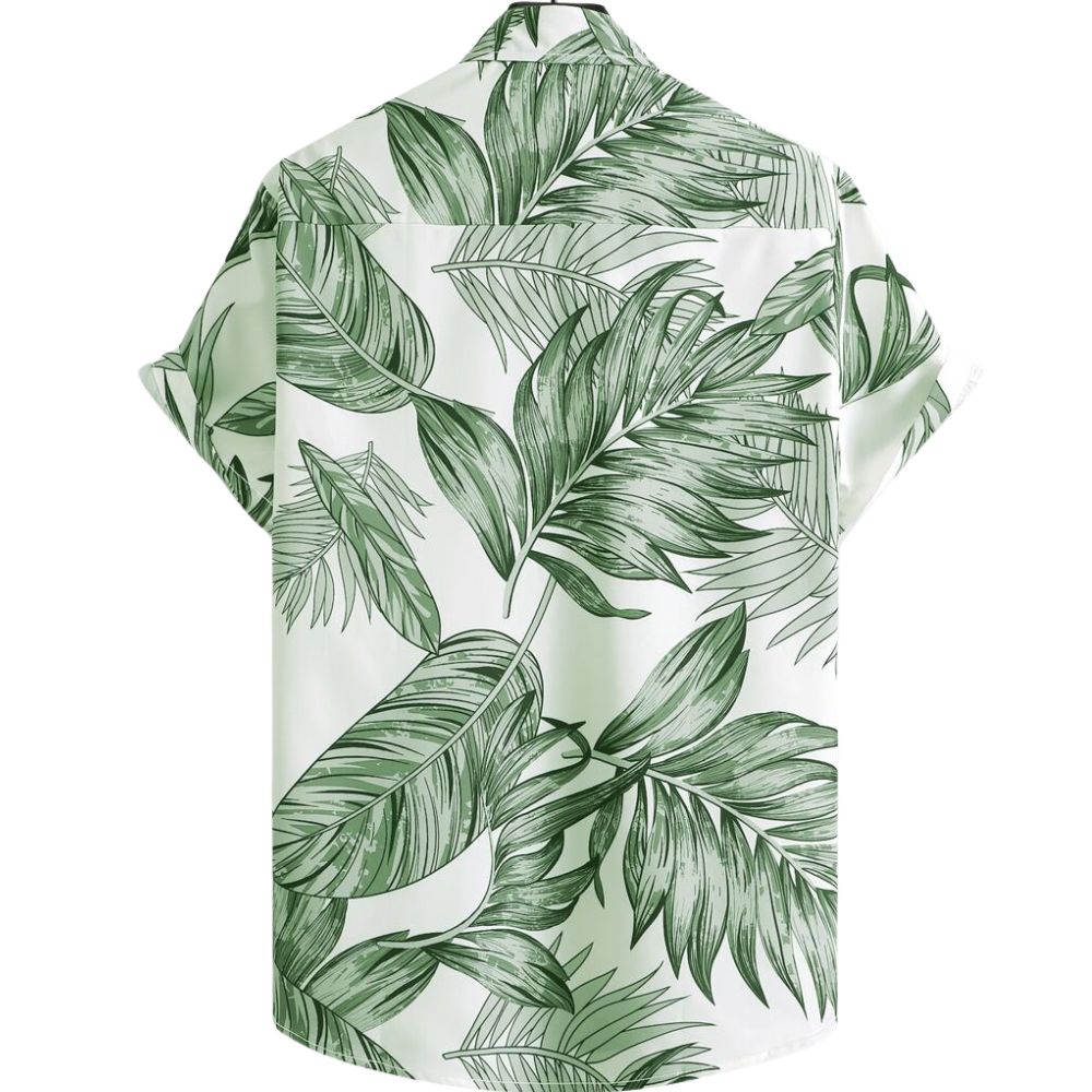 Vista traseira da Camisa Vinser Costa Verde com estampa tropical de folhas verdes sobre fundo branco, destacando o caimento leve e o design elegante.