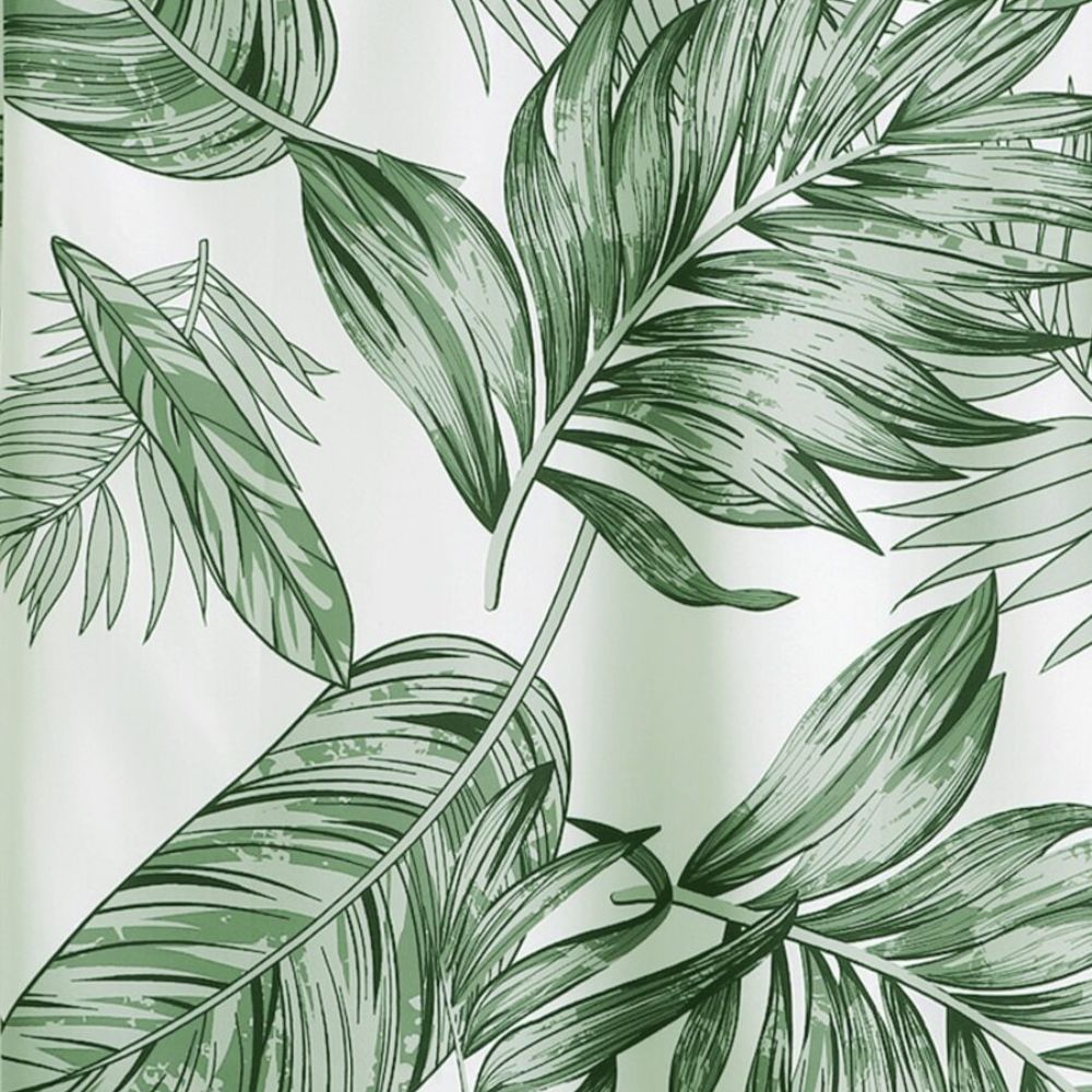 Close do tecido da Camisa Vinser Costa Verde, destacando a estampa tropical de folhas verdes, a textura suave e o acabamento de alta qualidade.