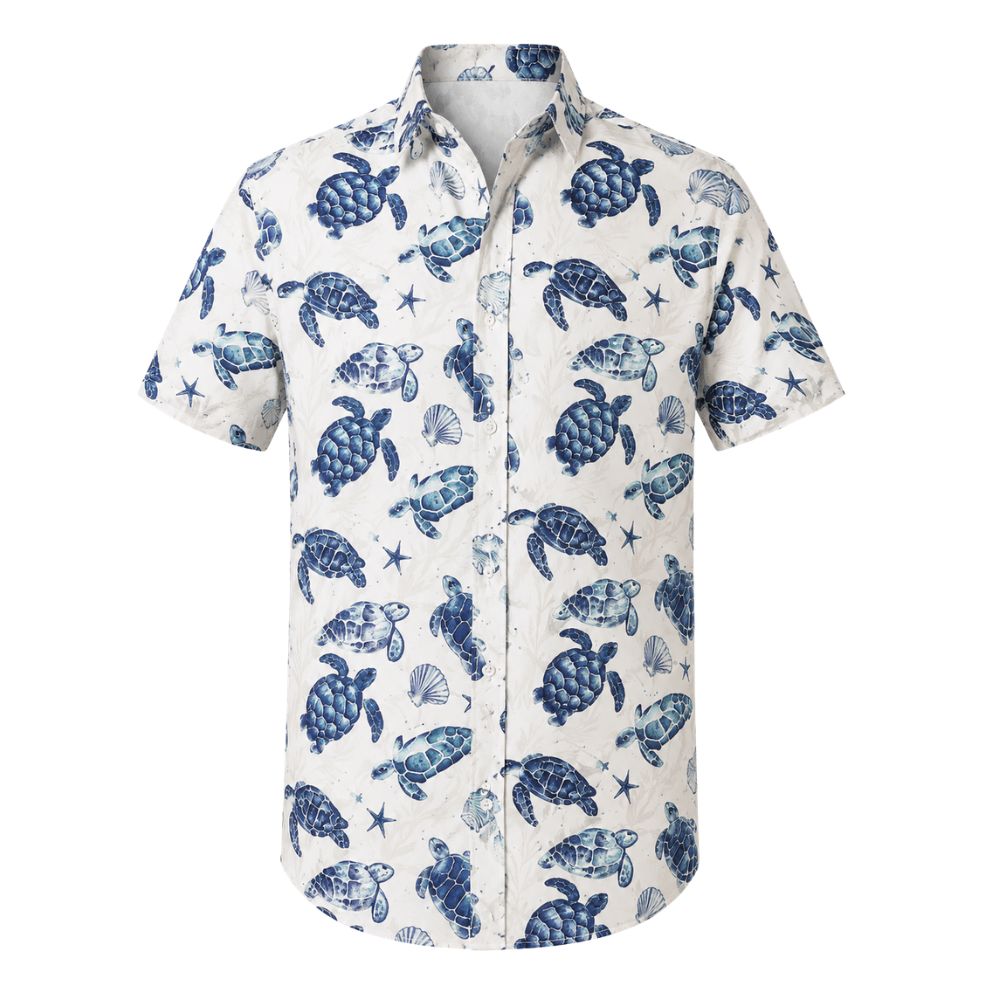Camisa Vinser Cumbuco masculina branca com estampa de tartarugas e elementos marinhos em azul