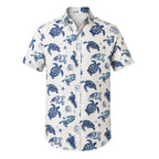 Camisa Vinser Cumbuco masculina branca com estampa de tartarugas e elementos marinhos em azul