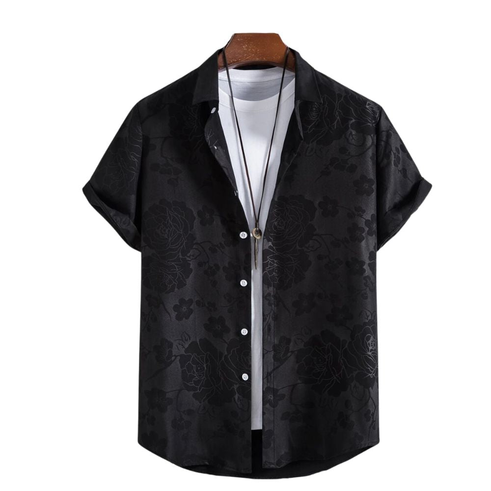 Camisa Vinser Curitiba preta de manga curta com estampa floral discreta