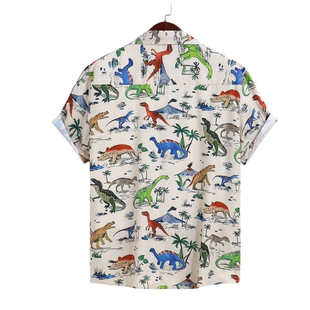 Camisa Vinser Dino vista de costas com estampa de dinossauros e palmeiras