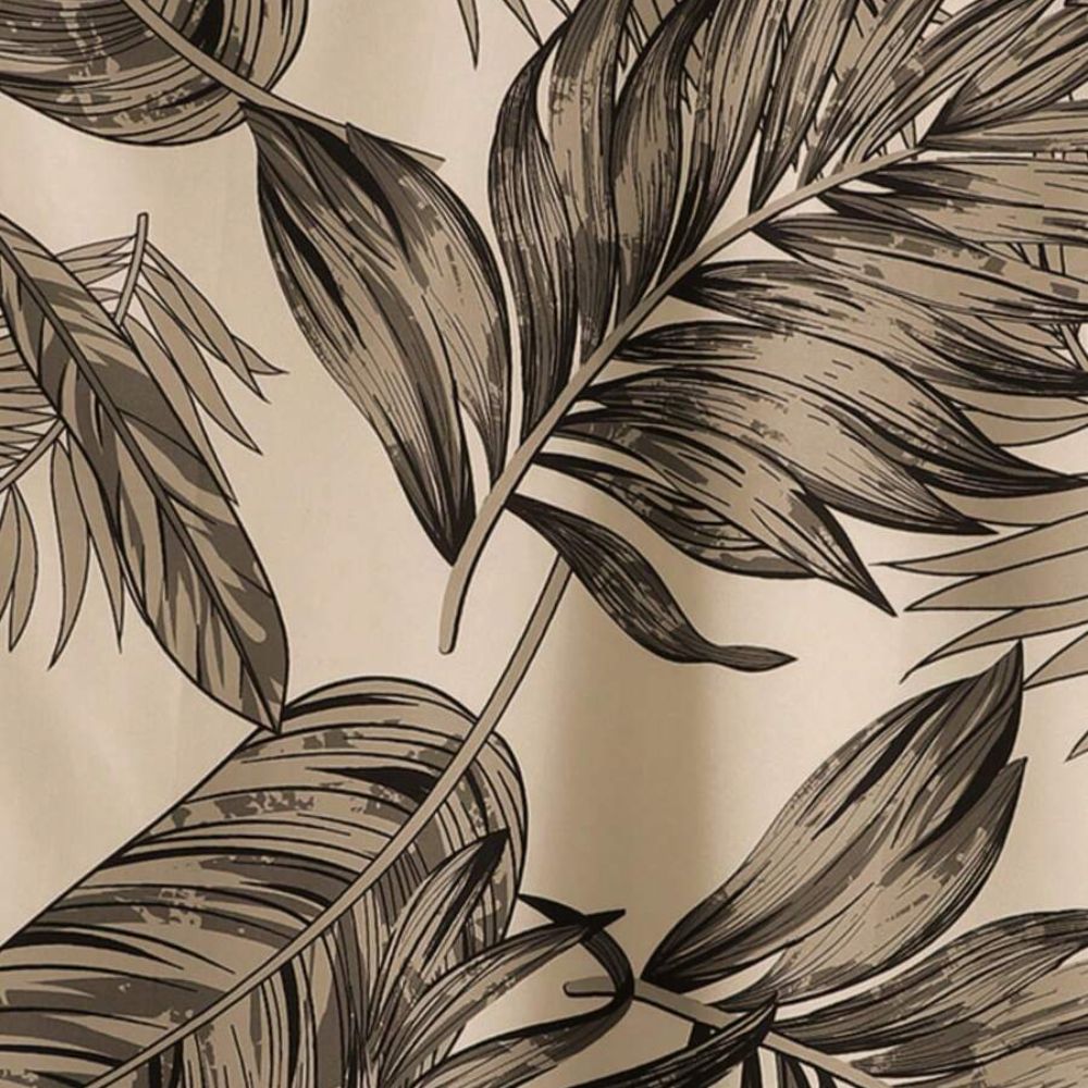 Close da estampa da Camisa Vinser Duna Atlântica, com folhas tropicais em tons de marrom sobre fundo bege, destacando a textura, a leveza e o acabamento premium do tecido.