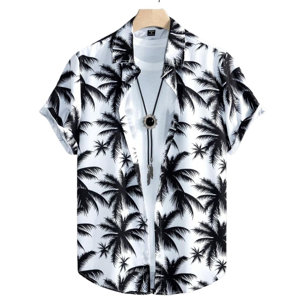 Camisa masculina Vinser Espelho branca com estampa de coqueiros pretos, manga curta, gola tradicional e acabamento premium